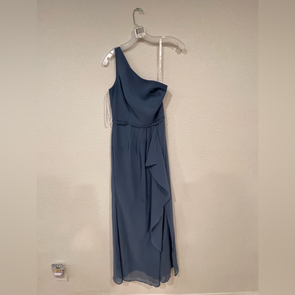 Dusty Blue one shoulder bridesmaids dress. Size 0.